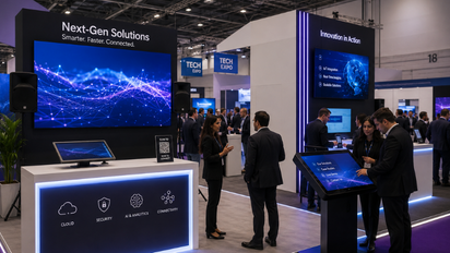 Exhibition & Booth AV — trade show booth with LED displays, interactive kiosk screens, and branded presentation area