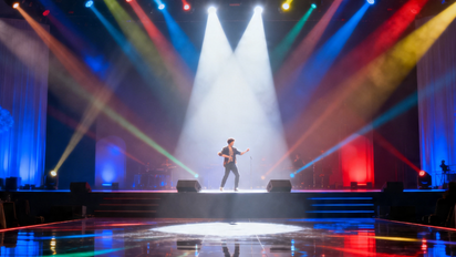 Event Lighting — stage performer in spotlight with dynamic coloured lighting setup creating atmospheric effects