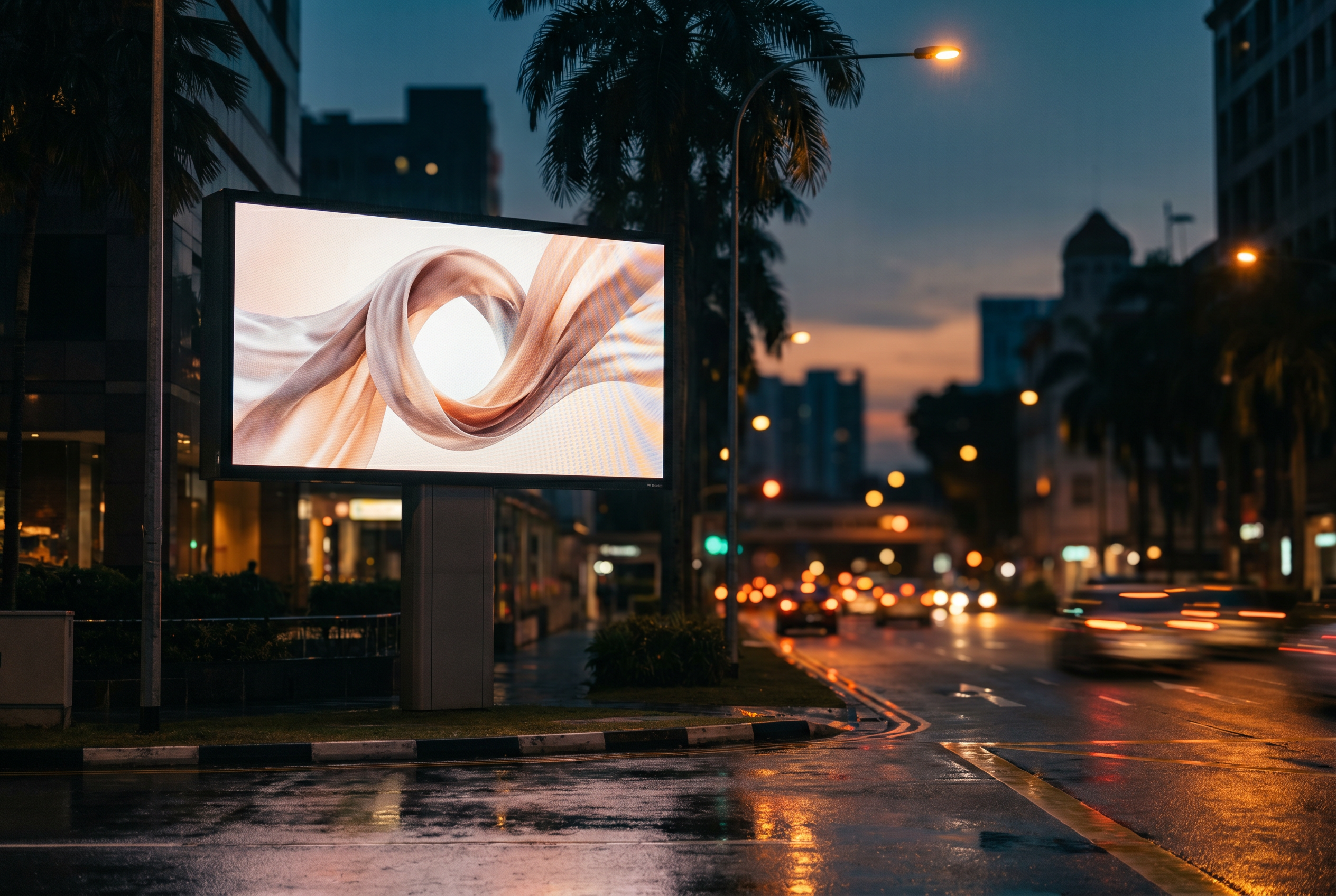 Singapore outdoor roadside LED billboard at dusk with city bokeh and palm trees