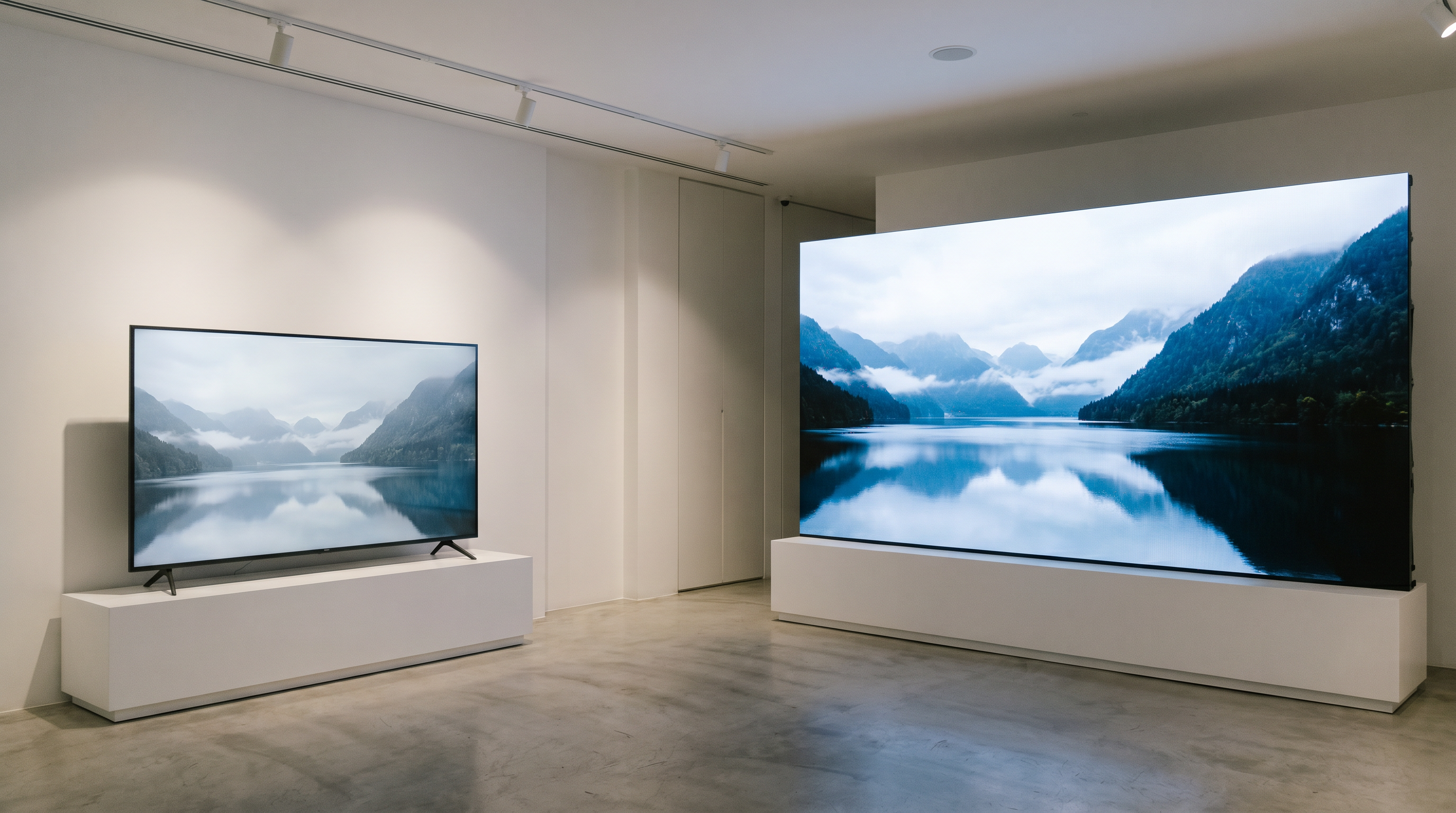 Side-by-side comparison setup in a Singapore showroom with a 65 inch LCD display on the left and a fine-pitch LED display on the right