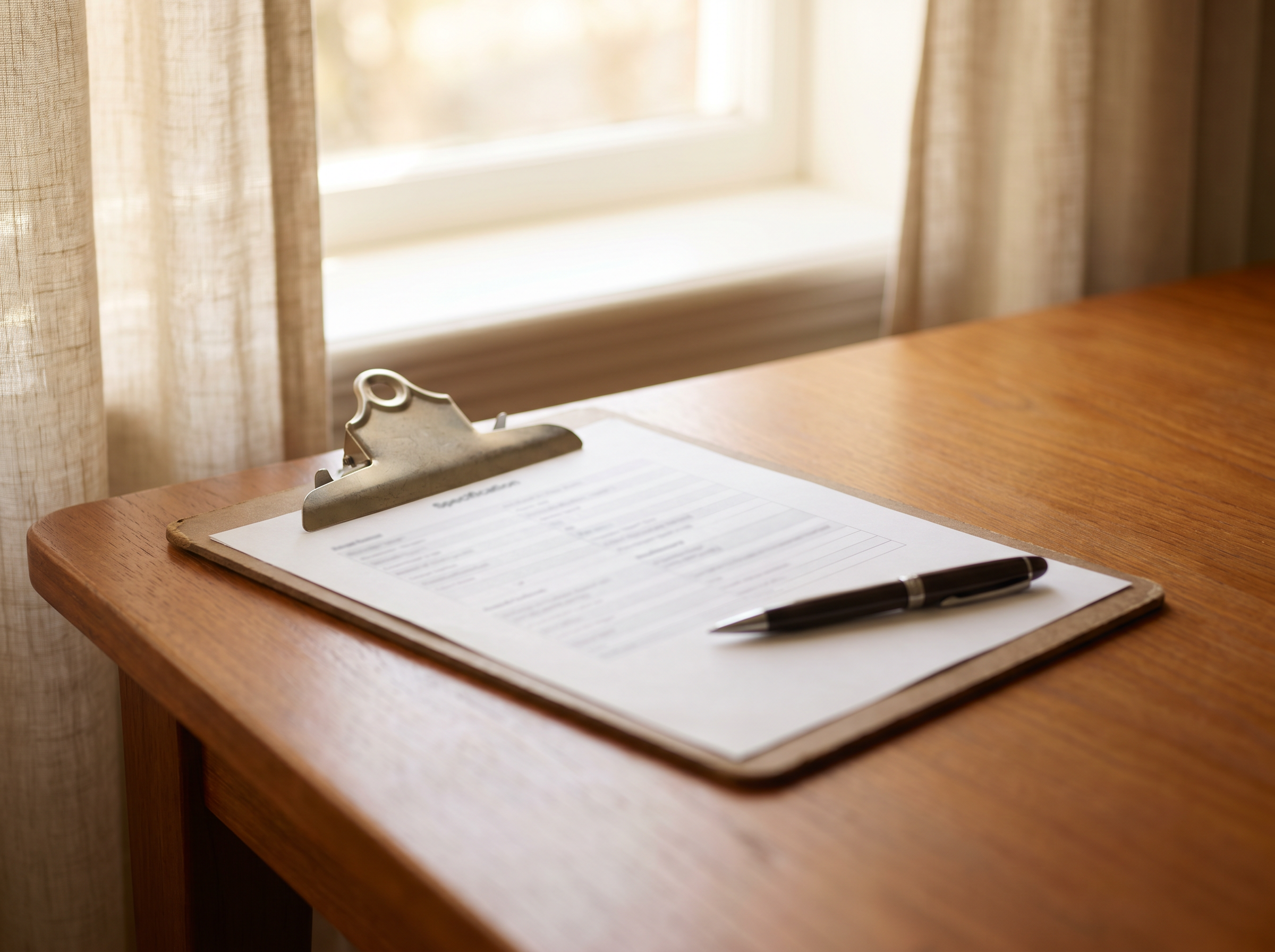Clipboard with a printed spec sheet and a pen resting on a display stand, soft natural light from a window