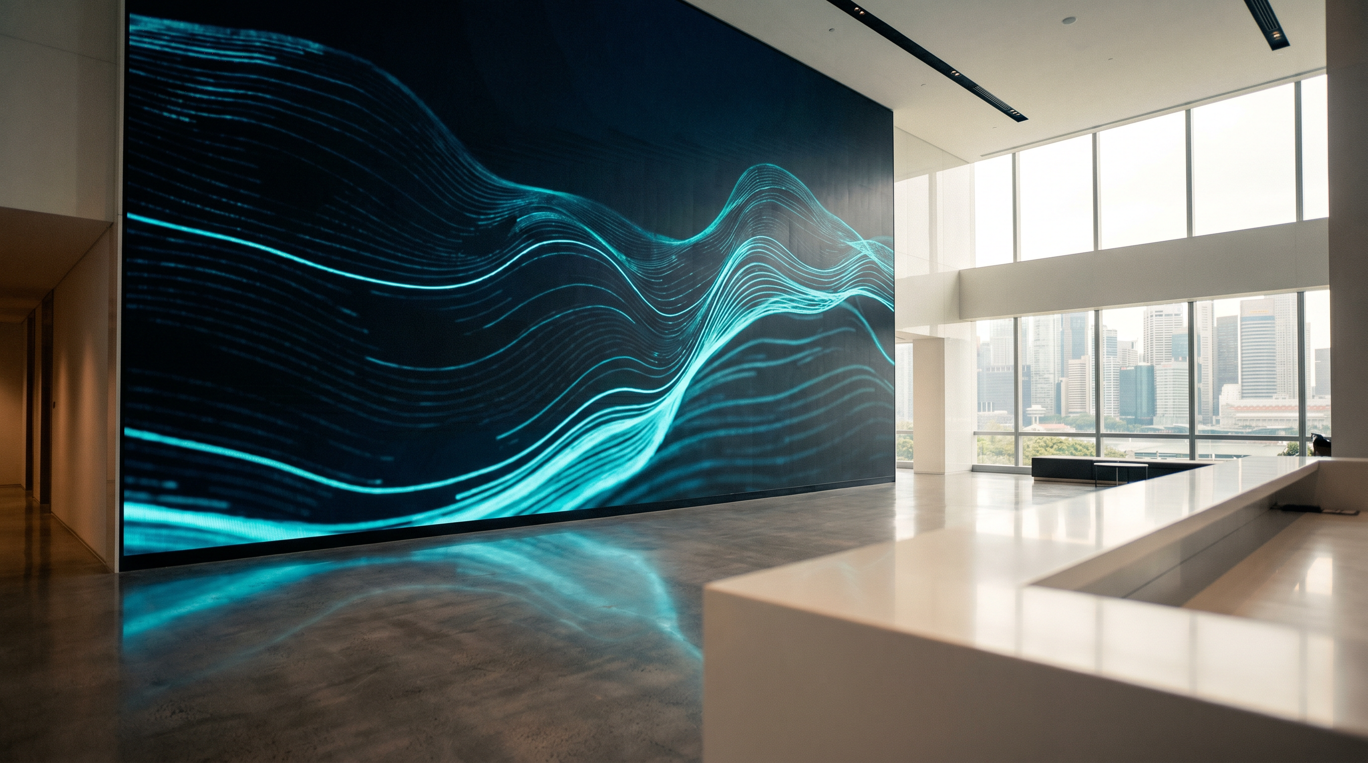 Floor-to-ceiling LED video wall in a Singapore corporate lobby with cyan abstract visualization and a white reception desk