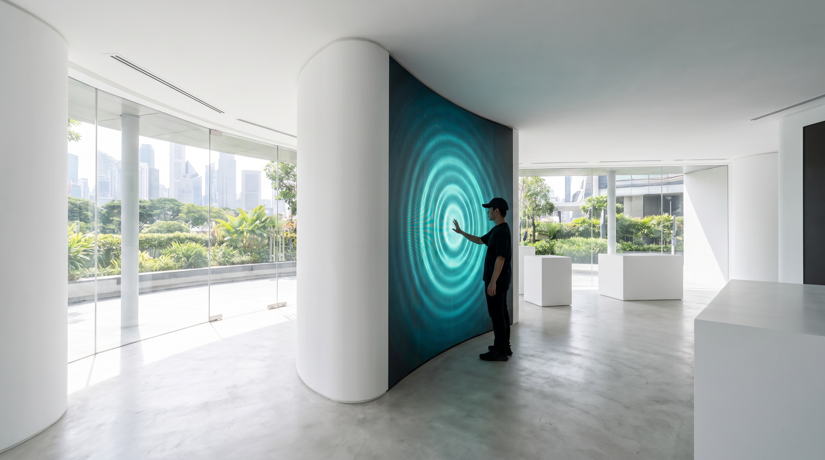 Singapore retail pop-up space with a floor-to-ceiling interactive LED wall, a visitor reaching to touch the screen