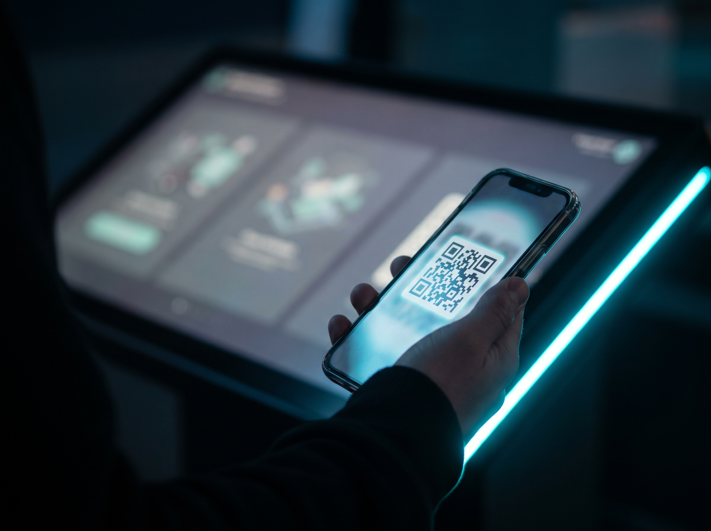 Hand holding a smartphone showing a QR code on screen, with a large interactive display softly blurred in the background