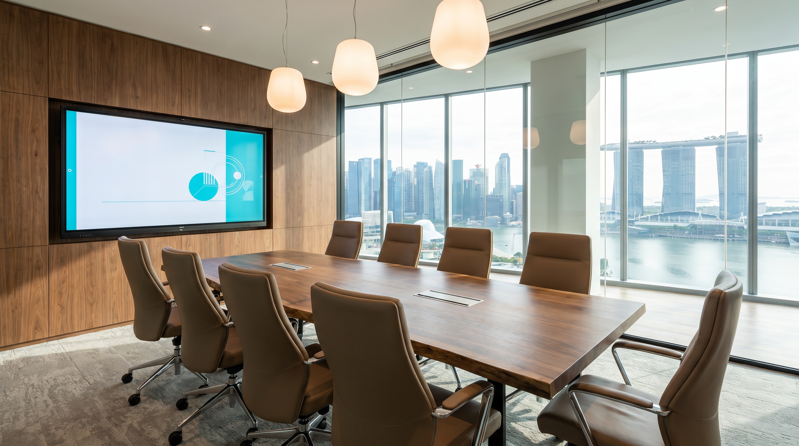 Contemporary Singapore boardroom with a 65 inch interactive flat panel display showing a cyan presentation slide, walnut table and Marina Bay view