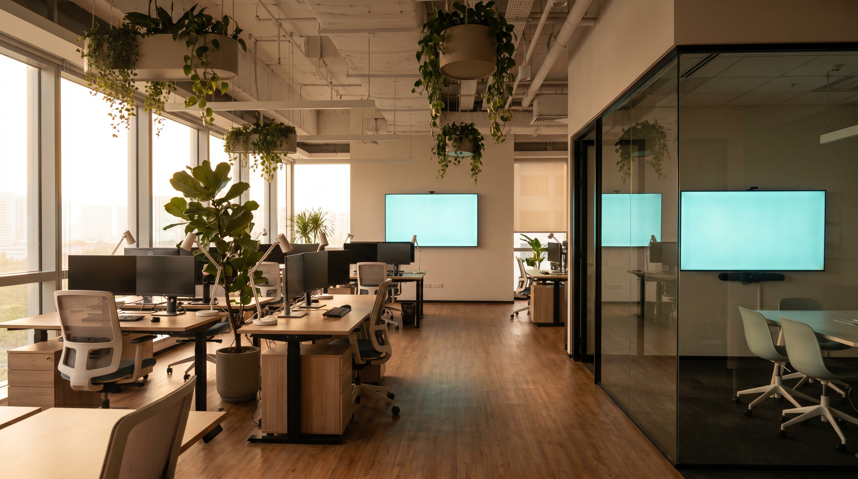 Modern Singapore open-plan office with a video-conference room visible through glass, a 55 inch display on the far wall, hanging plants and warm natural light