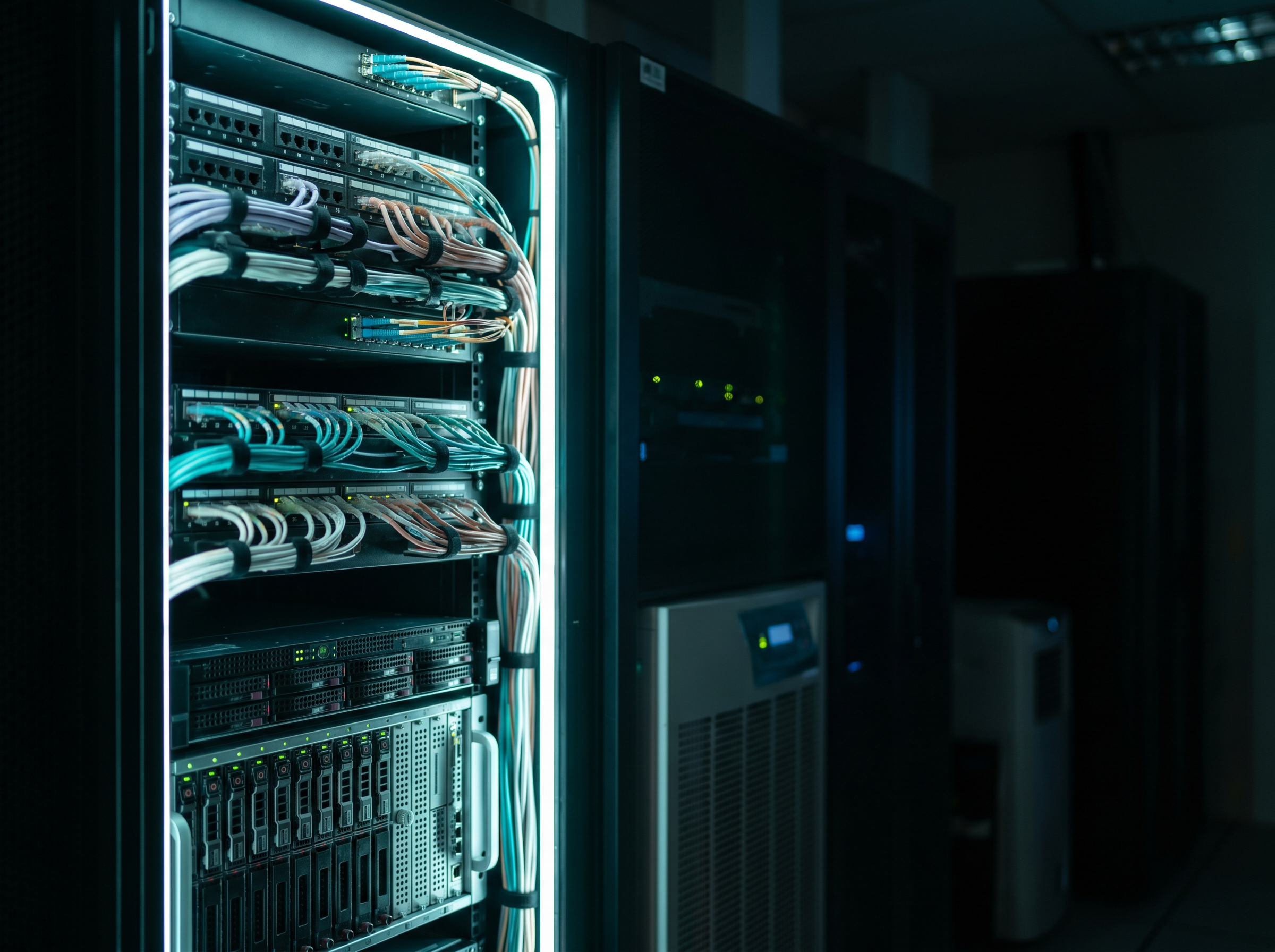 Neatly organized network rack cabinet in a Singapore office server room with soft cyan and white LED strip lighting