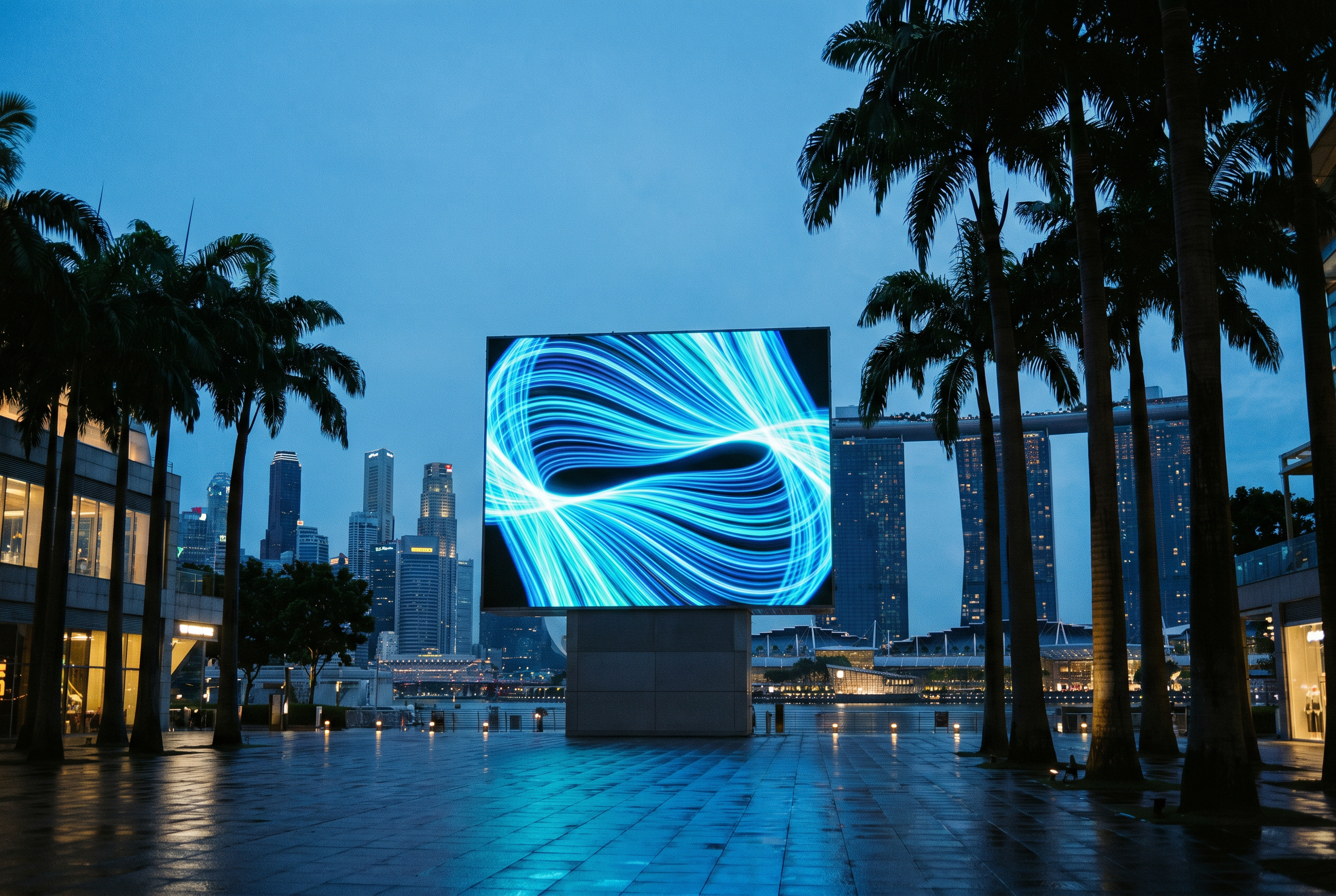 Large-format outdoor LED billboard in a Singapore public square at blue hour with palm trees silhouetted