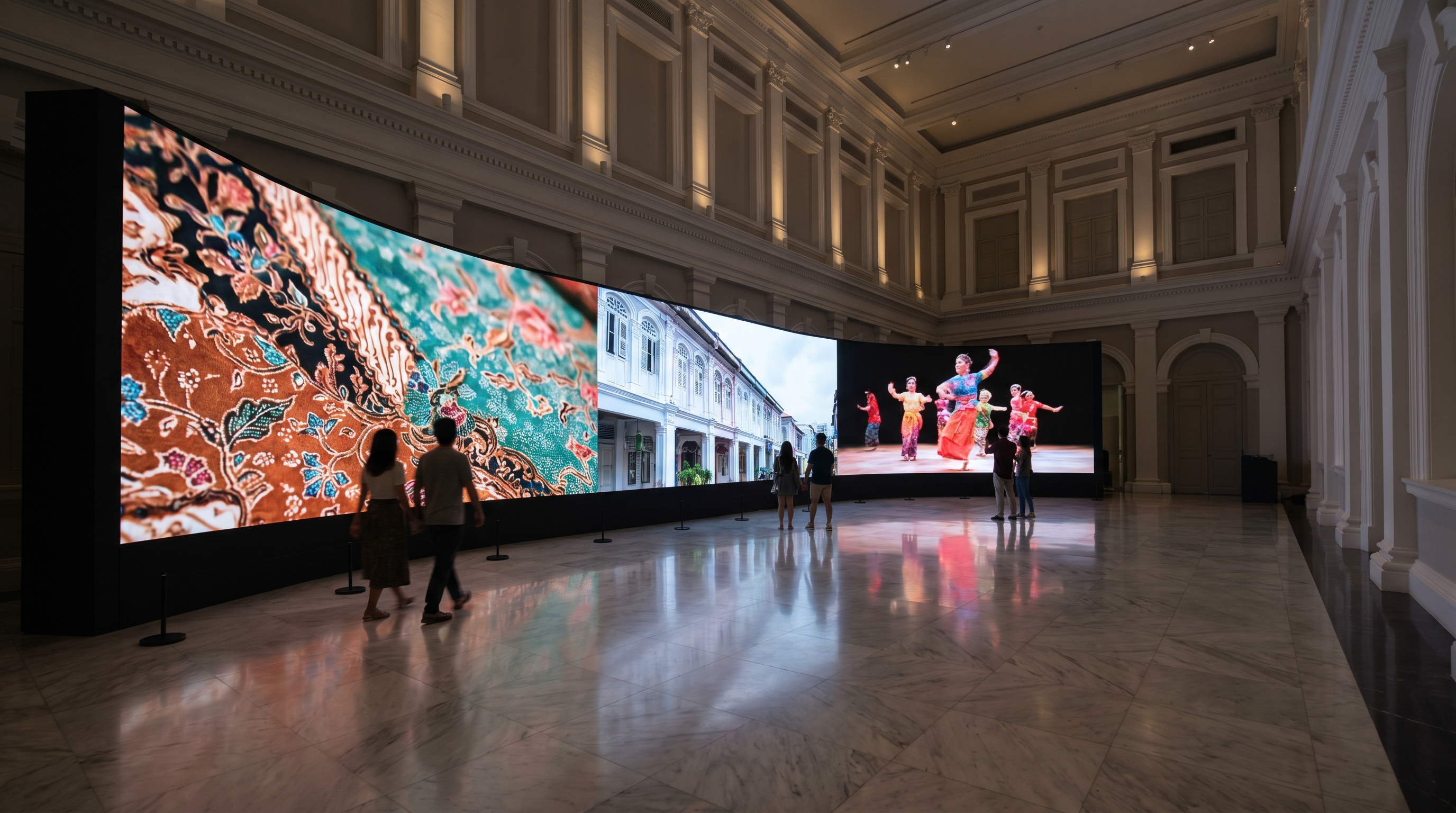 Singapore national museum interior with a large curved LED video wall, polished marble floor and soft museum spotlights