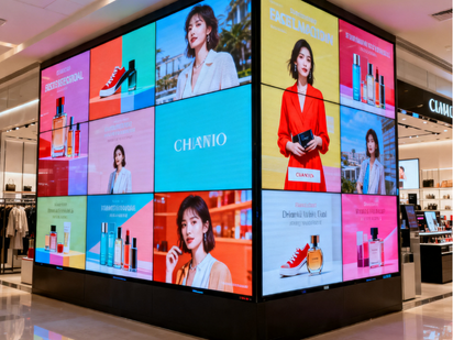 Retail Video Walls — vibrant multi-screen LED display in shopping mall showing fashion brand content