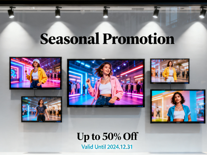 Window & Promo Displays — high-brightness retail window screens showing seasonal promotion with product imagery